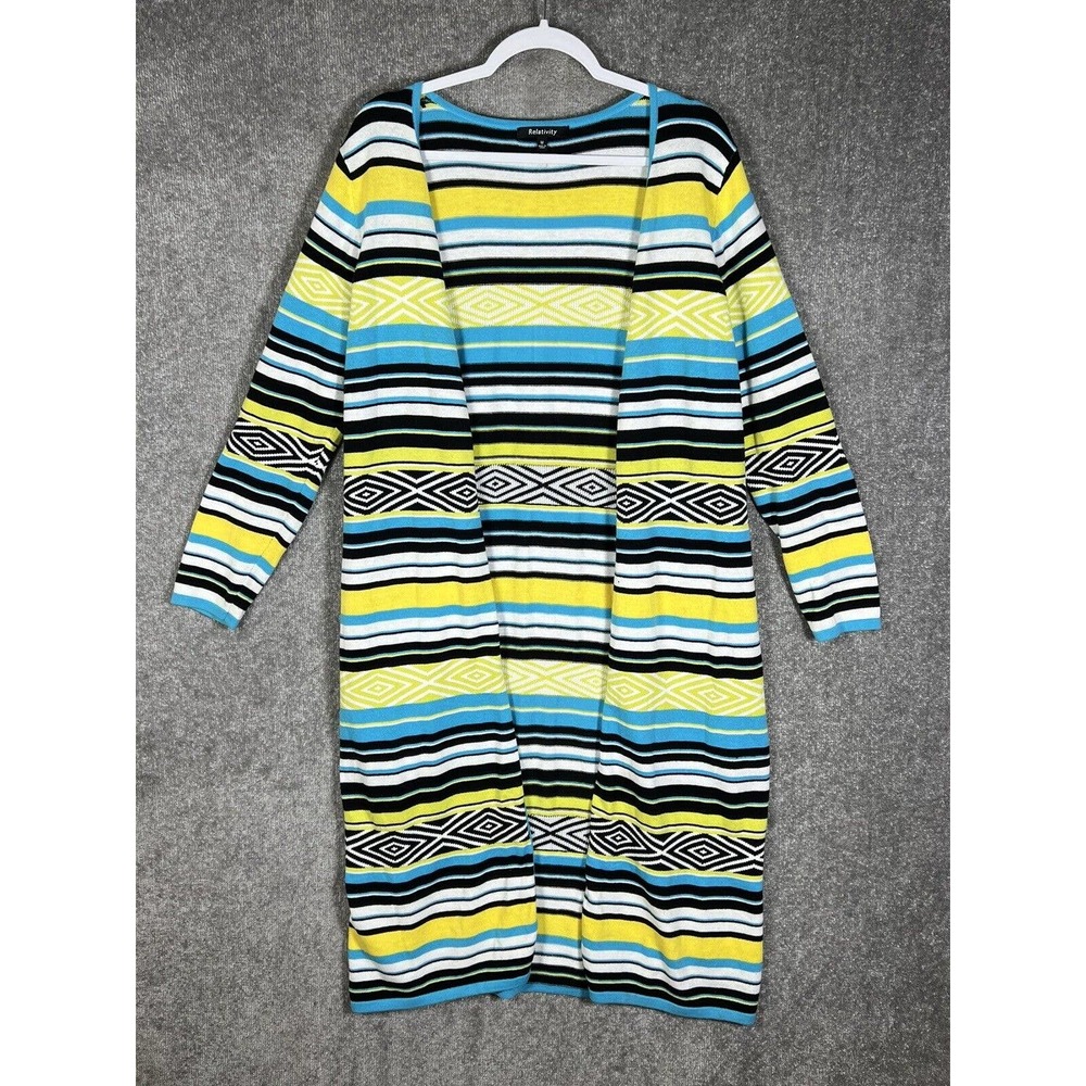 Relativity Striped Diamond Long Sleeve Open Front Duster Sweater‎ Womens Medium